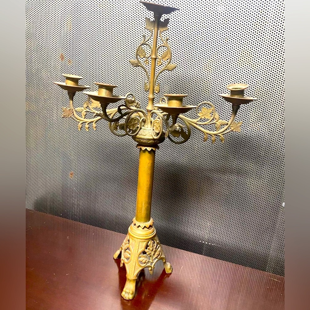 Antique GOTHIC solid BRONZE Candelabra With Rounded Gothic Crosses STONE MASON